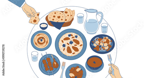 Middle Eastern Food Assortment on a Dining Table with Pita Bread and Hummus for a Traditional Feast
