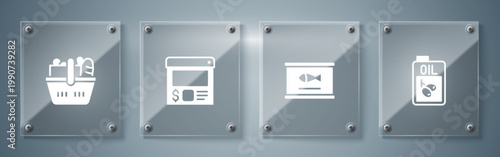 Set Bottle of olive oil, Canned fish, Online ordering and delivery and Shopping basket food. Square glass panels. Vector