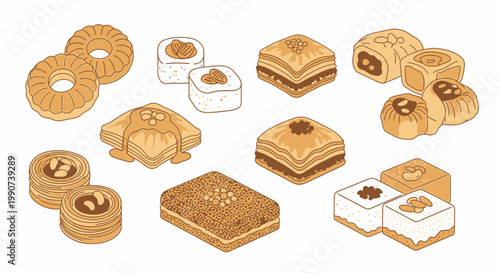 Middle Eastern Desserts and Baklava Seamless Pattern Illustration on White Background