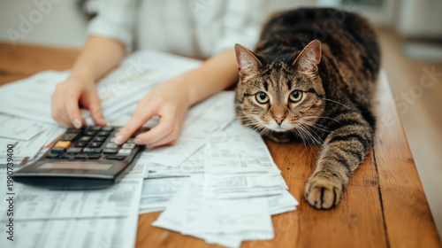 Overhead view of a pet owner at a kitchen table organizing insurance bills and medical paperwork with a curious ginger cat sitting nearby