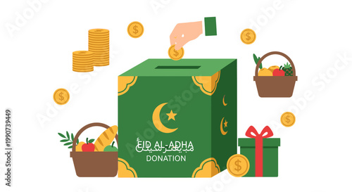 Islamic Eid Al-Adha Donation Box Illustration with Hand Giving Gold Coin for Muslim Charity