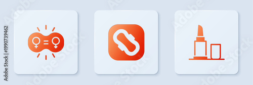 Set Sanitary napkin, Gender equality and Lipstick. White square button. Vector