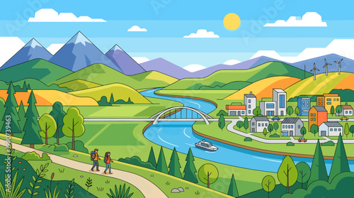 Hikers walk along a scenic trail near a mountain river as a small town with a bridge sits nestled in the verdant valley under a bright summer sun.