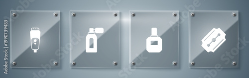 Set Blade razor, Aftershave, with atomizer and Electric blade. Square glass panels. Vector