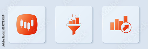 Set Sales funnel with chart, Browser stocks market and Financial growth. White square button. Vector