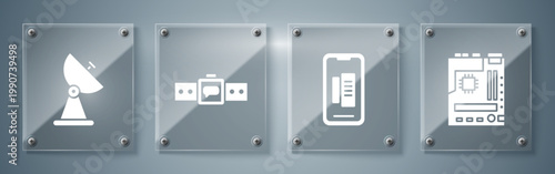 Set Motherboard, Smartphone, mobile phone, Smartwatch and Radar. Square glass panels. Vector