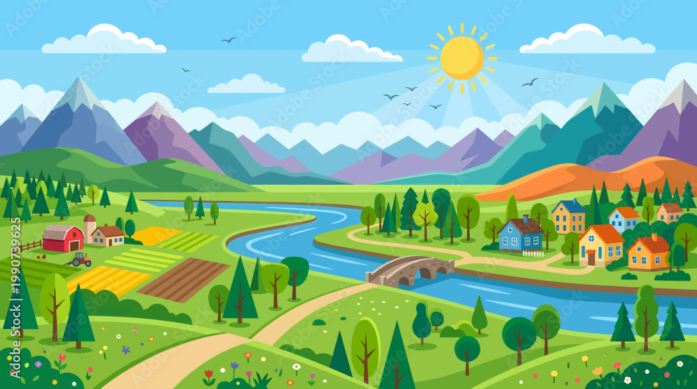 Obraz premium Farm lands and a small village sit beside a wide river flowing through a valley with a stone bridge and majestic mountain peaks under a bright morning sun.