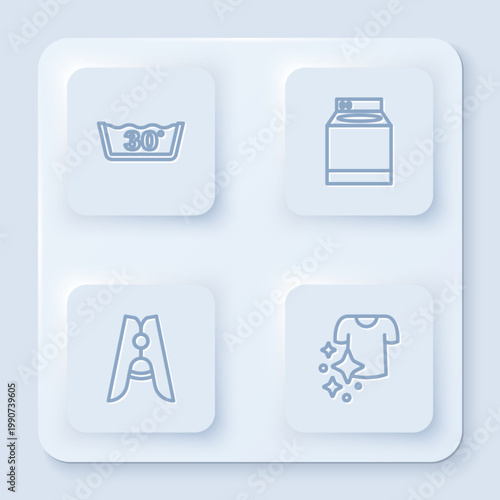 Set line Temperature wash, Washer, Clothes pin and Drying clothes. White square button. Vector