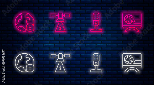Set line Satellite, Microphone, World news and Breaking. Glowing neon icon on brick wall. Vector