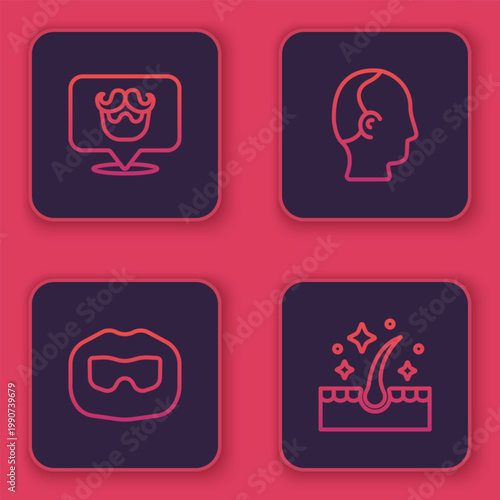 Set line Barbershop, Mustache and beard, Baldness and Oil for hair care treatment. Blue square button. Vector