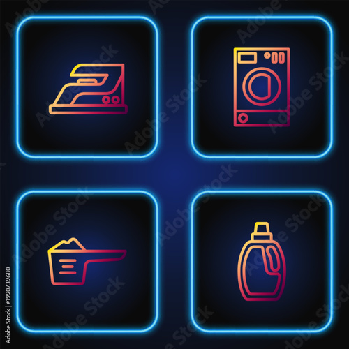 Set line Bottle for cleaning agent, Washing powder, Electric iron and Washer. Gradient color icons. Vector