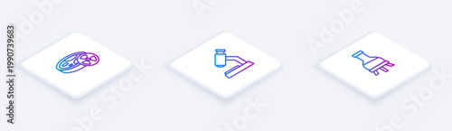 Set Isometric line Test tube with toxic liquid, Microscope and . White square button. Vector
