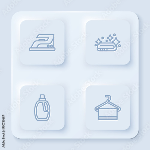 Set line Electric iron, Towel stack, Bottle for cleaning agent and hanger. White square button. Vector