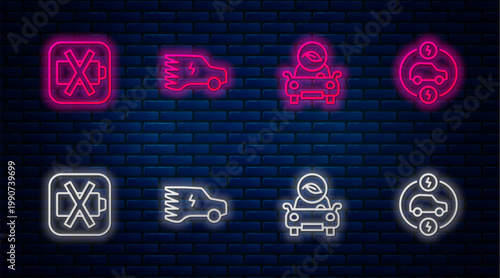 Set line Electric car, Eco, Low battery and . Glowing neon icon on brick wall. Vector