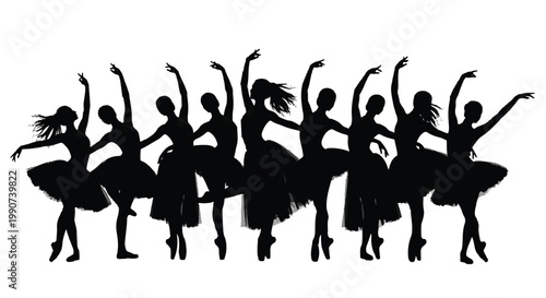 Group of ballerinas dancing in a line silhouette vector illustration