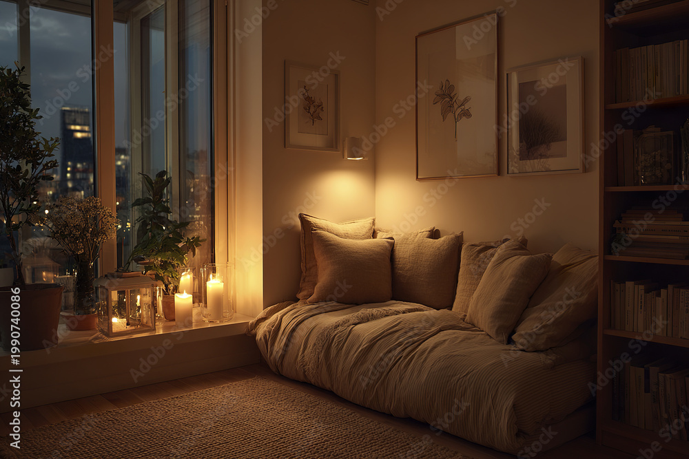 Fototapeta premium Cozy Scandinavian apartment evening scene with warm ambient lighting, soft cushions on sofa, candles on windowsill, plants, and framed botanical art creating relaxing atmosphere