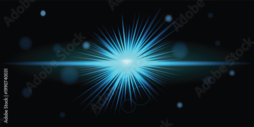 Abstract blue light burst with glowing rays and lens flare effect on a dark background, representing energy and technology.