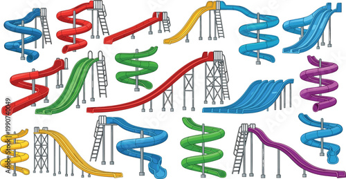 Set of Various Water Slide Designs, Colorful Spiral and Drop Water Slides for Aquatic Parks and Pools, Vector Illustration