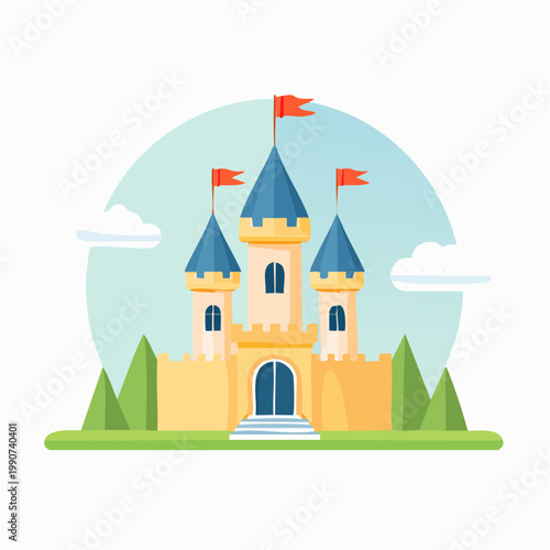 おとぎ話や魔法の世界をイメージしたファンタジーの城のフラットベクターアイコン