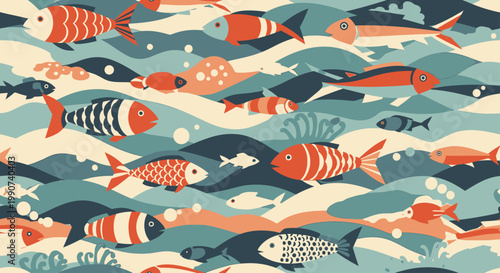 Stylized fish swim through abstract waves of blue, teal, and orange hues