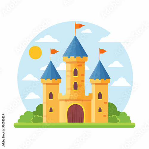 おとぎ話や魔法の世界をイメージしたファンタジーの城のフラットベクターアイコン