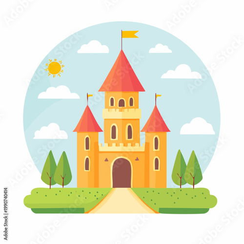 おとぎ話や魔法の世界をイメージしたファンタジーの城のフラットベクターアイコン