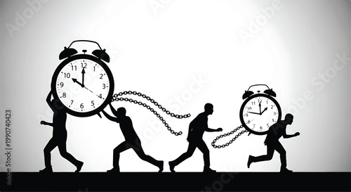 Silhouette of people running with large clocks in a line silhouette management