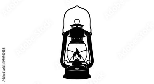 Vintage kerosene lantern with burning flame isolated on white background, rustic camping light