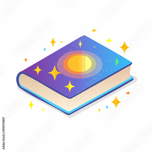 魔法の呪文書や魔導書をイメージした光る本のシンプルなフラットベクターアイコン
