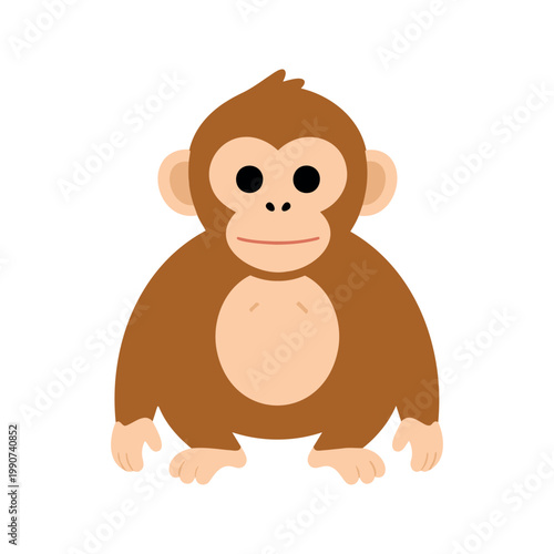 A cartoon monkey with dark eyes and a peach-colored face sits facing forward with its small feet sticking out from its brown body.