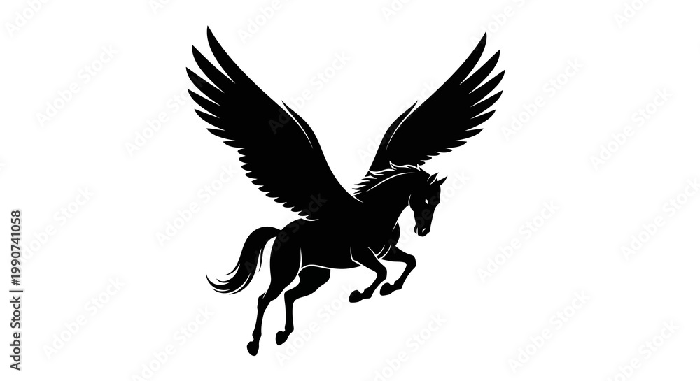 Fototapeta premium Pegasus Silhouette: Mythical Winged Horse Flying Isolated on White Background