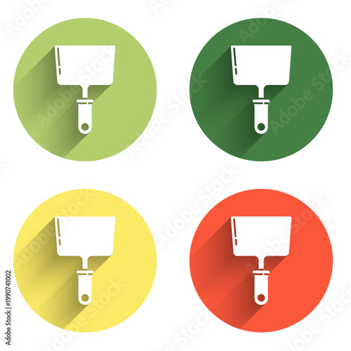 Set Putty knife icon isolated with long shadow background. Spatula repair tool. Spackling or paint instruments. Color circle button. Vector