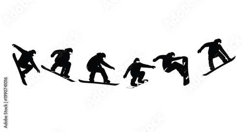 Sequence of a person snowboarding down a slope with winter sports, snowboarding