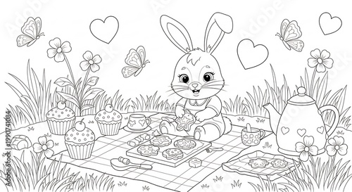 Cute Easter Bunny Having a Picnic with Cupcakes and Tea.