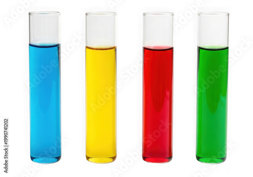 Four colorful liquids in test tubes isolated on transparent background