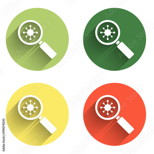 Set Virus under magnifying glass icon isolated with long shadow background. Corona virus 2019-nCoV. Bacteria and germs, microbe, fungi. Color circle button. Vector