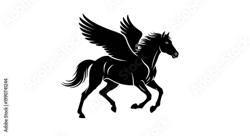 Silhouette of a winged horse, Pegasus, in mid-gallop against a white background.