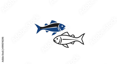 Two stylized fish, one blue and black, one outline, swimming together on white background