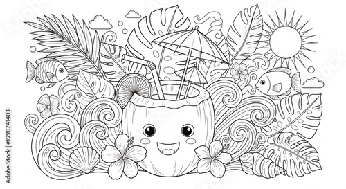 Cute Kawaii Coconut Drink with Tropical Elements Coloring Page.