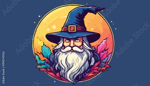 Cartoon Wizard Portrait with Pointed Hat and Long White Beard.