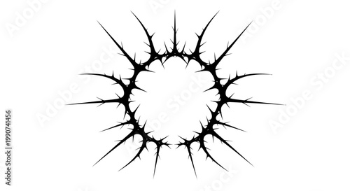 Black abstract thorny circular frame with sharp spikes on white background, symbolic of danger or protection