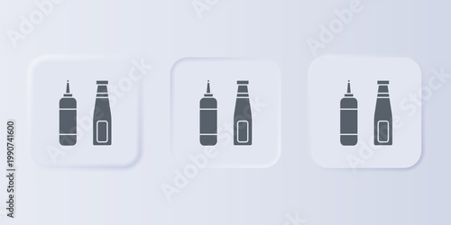 Grey Sauce bottle icon isolated on grey background. Ketchup, mustard and mayonnaise bottles with sauce for fast food. Set icons in square buttons. Vector