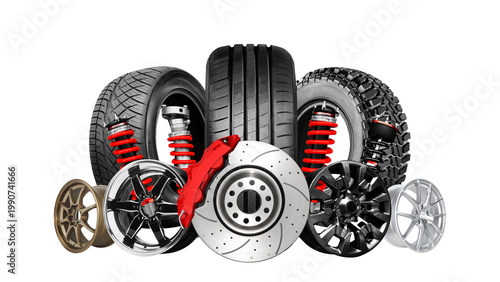 Cuadro en lienzo Auto parts accessories Car parts wheel, brake disc, shoe and pads isolated on white background
