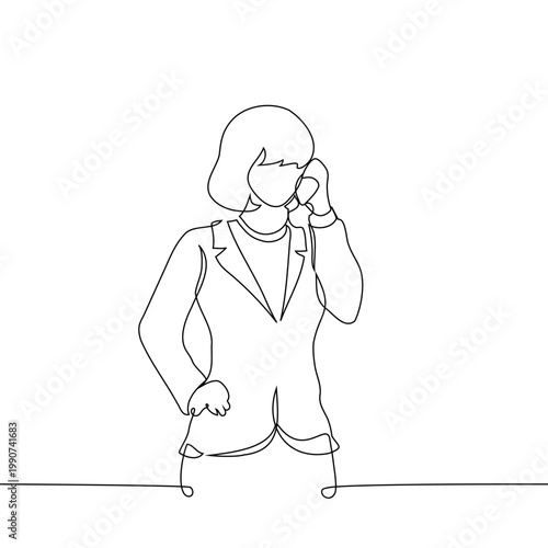 Continuous single line drawing of a businesswoman in a formal suit talking on the phone. Minimalist vector illustration of office communication, customer service, or professional consulting