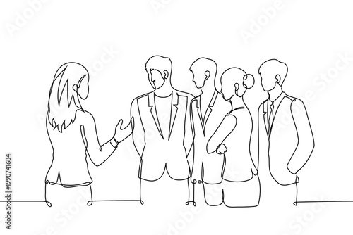 Women's leadership. Continuous single line drawing of business team during meeting, presentation, or brainstorming session. Minimalist vector illustration of professional corporate group discussion
