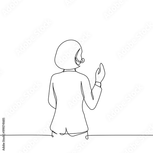 Continuous single line drawing of a businesswoman from behind wearing a headset and gesturing. Minimalist illustration of a support agent, call center operator, or coach addressing an audience.