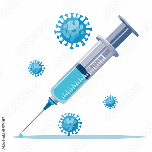 ワクチン接種や医療を示すウイルスと注射器のシンプルなフラットベクターアイコン