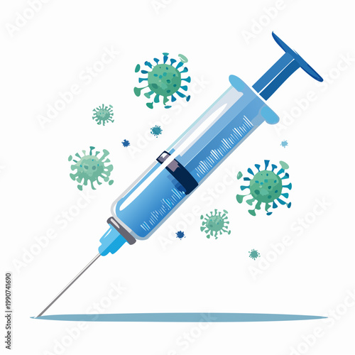 ワクチン接種や医療を示すウイルスと注射器のシンプルなフラットベクターアイコン