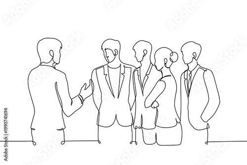 The man speaks and the others listen. Continuous single line drawing of business team standing during meeting, presentation, or brainstorming session. professional corporate group discussion