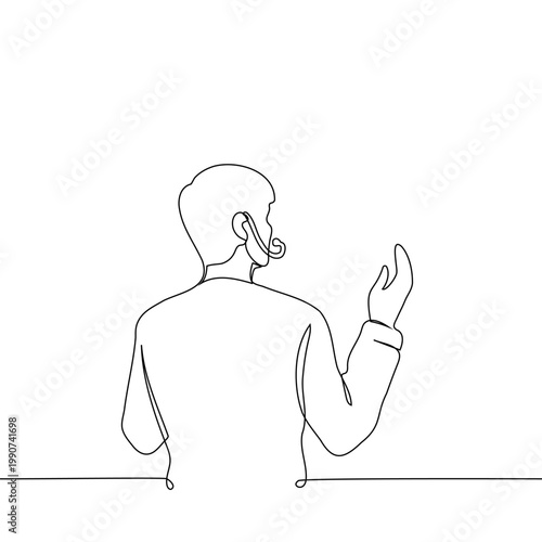 Continuous single line drawing of a man with a headset standing with his back to the camera and addressing an invisible audience. Minimalist illustration of a speaker, coach, or support agent